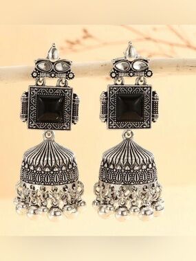 Oxidized Silver Jhumka Earrings with Black Stone Accent - Women Jewelry